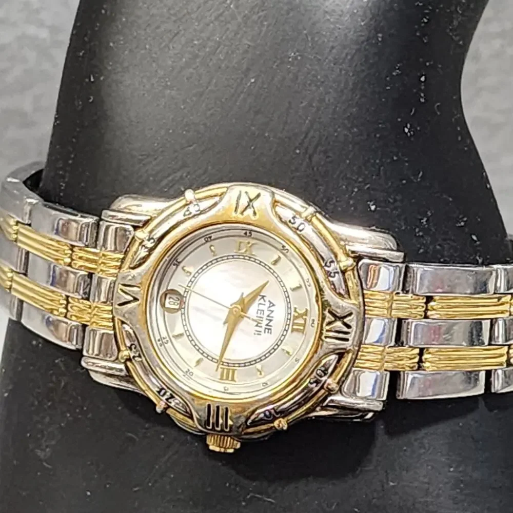 Anne Klein II Women's Quartz Date Watch Mother Of Pearl Gold-Silver Tone 1980's